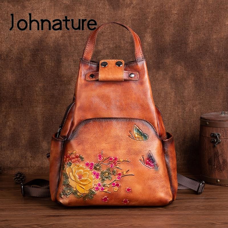 Genuine Leather Backpack - Johnature Hakiki Deri Kabartmalı Omuz Çantası